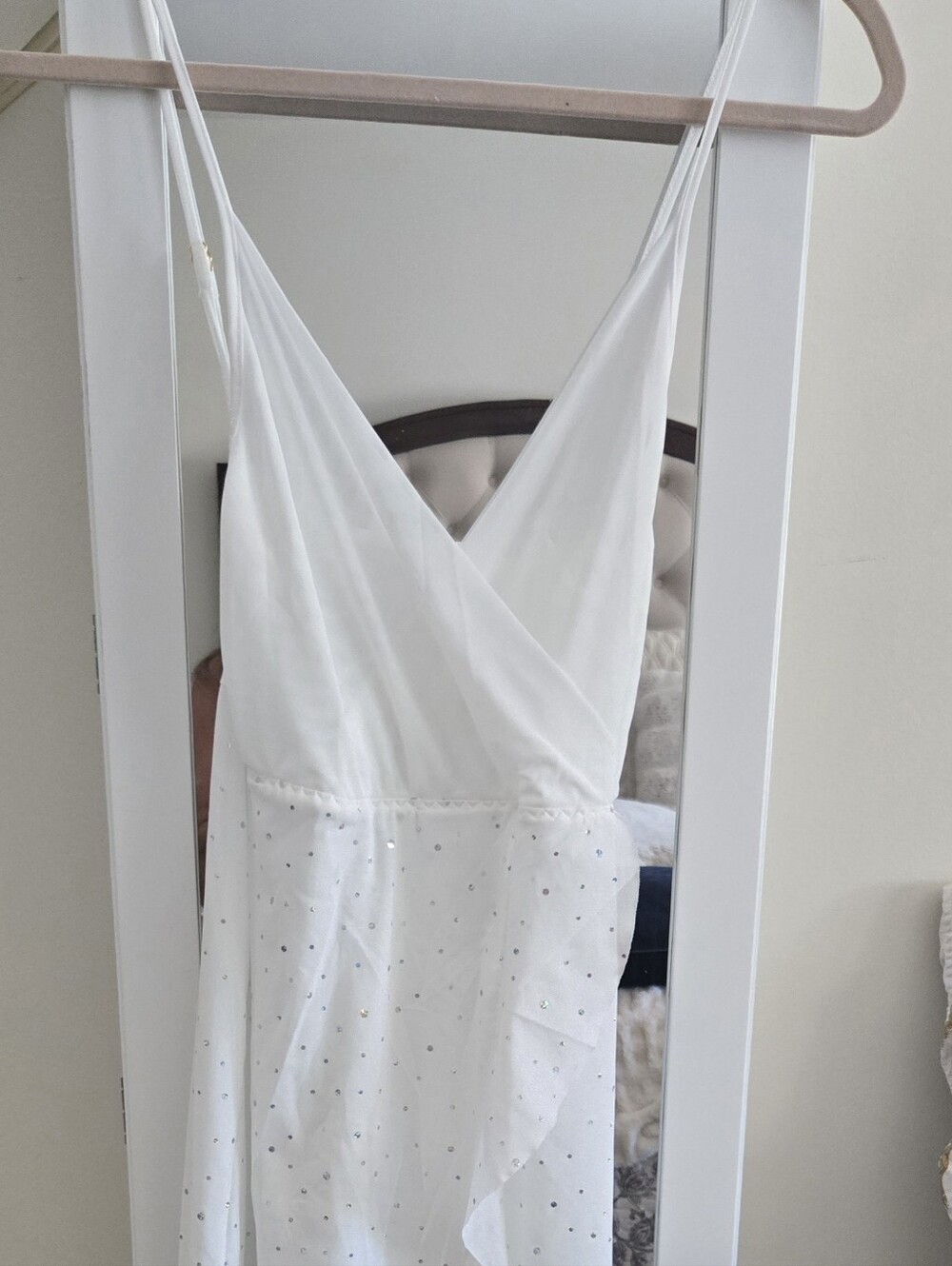 White Spaghetti-Strap V-Neck Dress with Sparkle Skirt